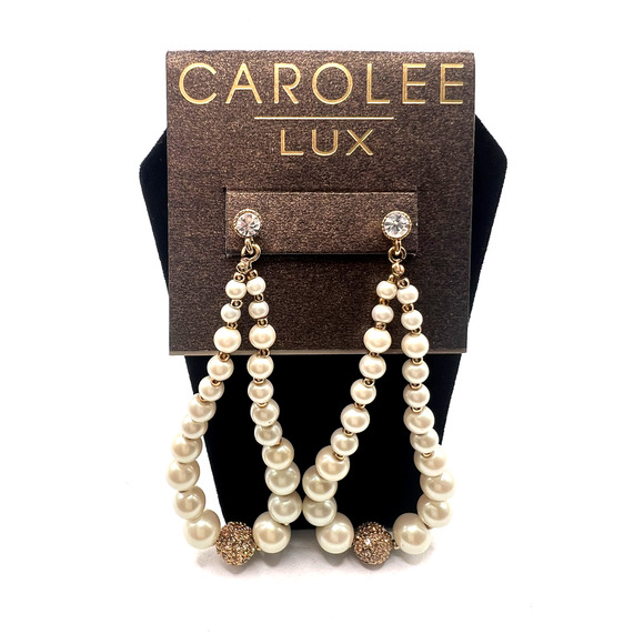Vintage Carolee Faux Pearl Crystal Long Dangle Drop Stud Earrings NWT - Picture 1 of 6